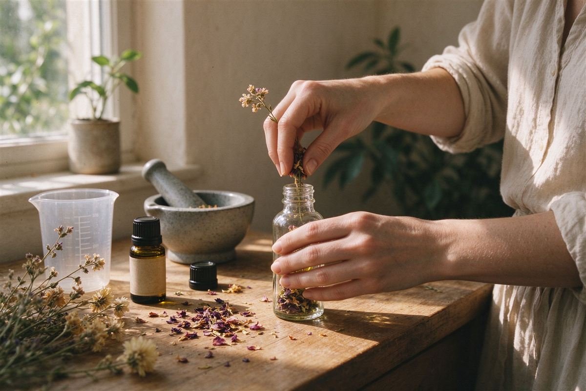 Hands blending dried botanicals into a glass vessel on a wooden workbench