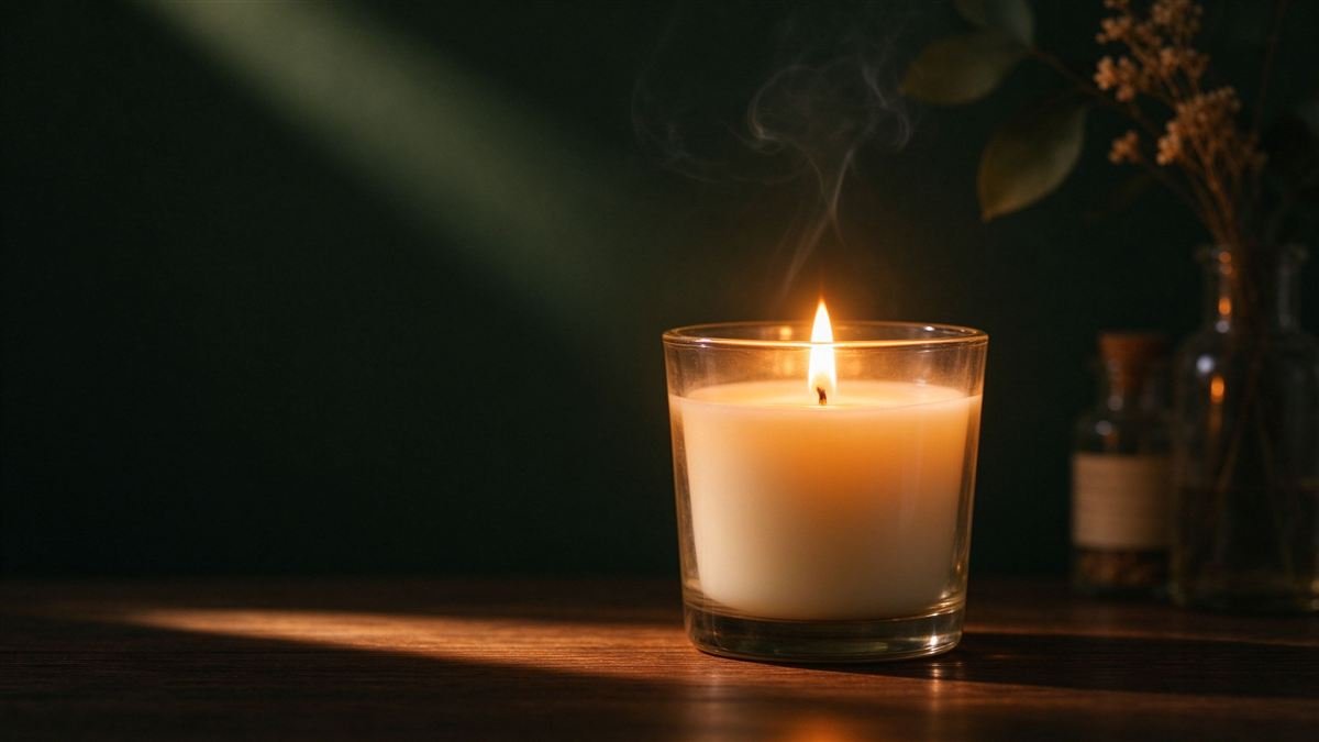 Lit scented candle in a glass vessel on a dark green table